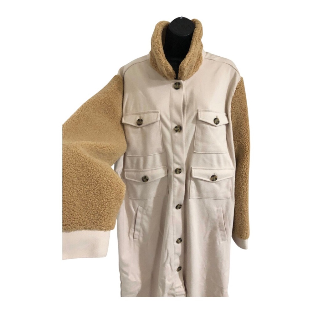 Cream tan faux shearling long line teddy coat size large brand new